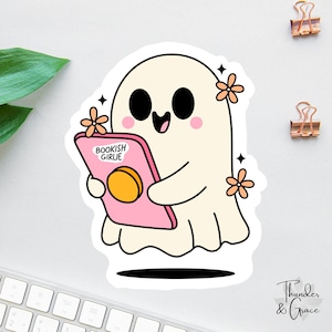 Bookish Girly Sticker, Cute Ghost Reading, Anxiety Sticker, Book Lover Decal, Gift For Readers, Kindle Addict Sticker, One More Chapter