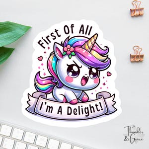 Grappige eenhoornsticker, allereerst I'm A Delight, Drama Queen, laptopsticker, eenhoornliefhebber, chaoscoördinator, sarcastische sticker of magneet