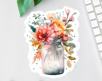 Pegatina de flor para tarro de cristal, etiqueta de acuarela, pegatina transparente para portátil, imán floral, calcomanía para botella de agua, minietiqueta, troquelada, calcomanía para coche