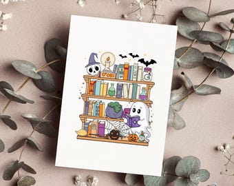 Biglietto di auguri di Halloween a tema biblioteca con fantasmi, biglietto di lavoro divertente, per gli amanti di Halloween, per gli amanti dell'autunno, per il migliore amico, biglietto di Halloween, biglietto di auguri divertente