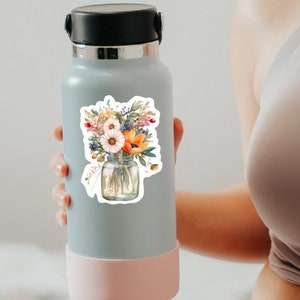 Flower Mason Jar Sticker, Watercolor Flower Label, Clear Laptop Sticker, Floral Magnet, Water Bottle Decal, Mini Label, Die Cut, Car Decal zdjęcie 2