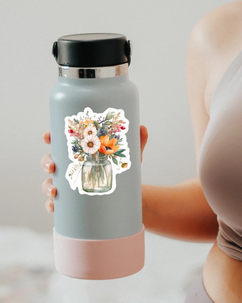 Flower Mason Jar Sticker, Watercolor Flower Label, Clear Laptop Sticker, Floral Magnet, Water Bottle Decal, Mini Label, Die Cut, Car Decal zdjęcie 2