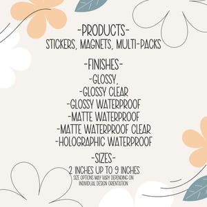 a list of products, including stickers, magnets, multi-packs, finishes, and sizes, arranged in a clear and organized manner.