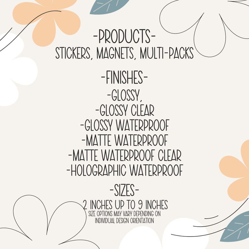 a list of products, including stickers, magnets, multi-packs, finishes, and sizes, arranged in a clear and organized manner.