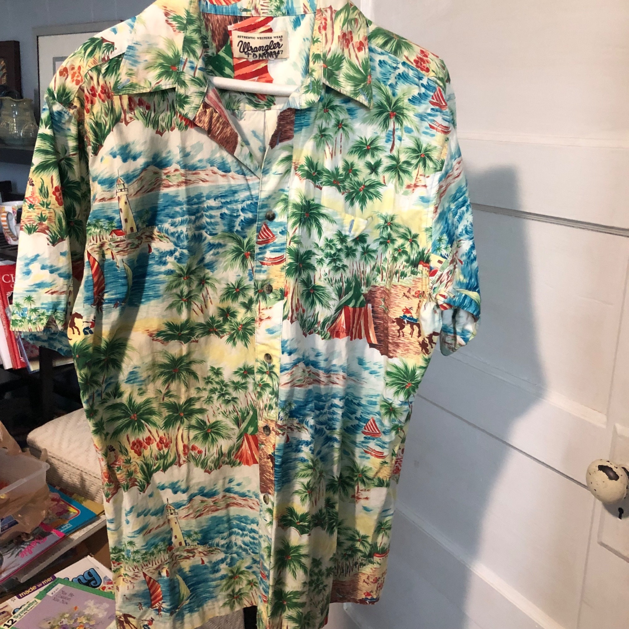 Wrangler 1947 Authentic Western Wear Shirt Hawaiian Beach Horses