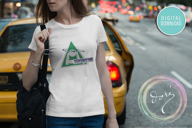 May include: White t-shirt with a green triangle logo that says "Yoyodyne" and "People Who Think" in blue text.