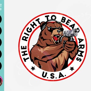 Pode incluir: Um gráfico circular vermelho, branco e preto com o texto "The Right to Bear Arms U.S.A." Um urso de desenho animado usando óculos de sol está segurando uma arma.