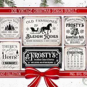 102 Vintage Christmas Sign Design SVG PNG EPS Bundle. Easy Classic Old Fashioned Farmhouse Style for Stickers, Shirts, & Holiday Decorations