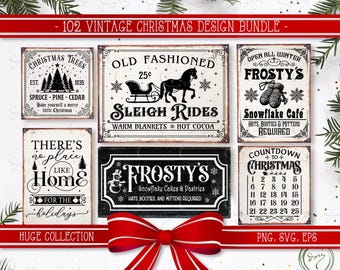 102 Vintage Christmas Sign Design SVG PNG EPS Bundle. Easy Classic Old Fashioned Farmhouse Style for Stickers, Shirts, & Holiday Decorations