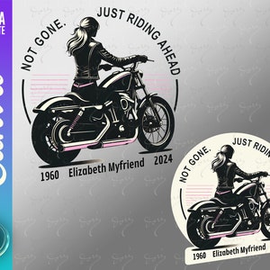 Puede incluir: Ilustración en blanco y negro de una persona conduciendo una motocicleta. La motocicleta tiene el texto "Just Riding Ahead" y "Not Gone" en el lateral. También se incluye el texto "1960 Elizabeth Myfriend 2024".