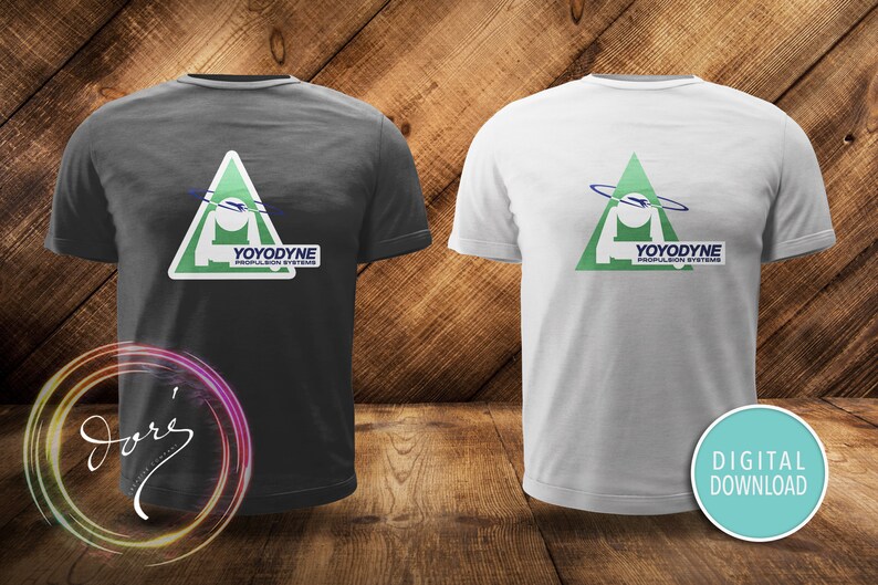 May include: Two t-shirts with a green triangle logo featuring a white spaceship and the text "YOYODYNE PROPULSION SYSTEMS". One t-shirt is dark grey and the other is white.