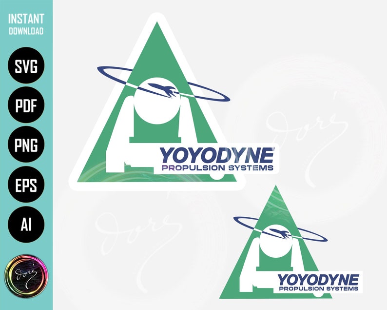 May include: A green triangle with a white circle inside, a blue rocket ship, and a blue ring around the circle. The text "YOYODYNE PROPULSION SYSTEMS" is below the triangle.