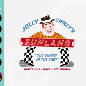 May include: Jolly Cholly's Funland amusement park logo featuring a cartoon man wearing a checkered suit and a hat holding a red sign with white lettering that says "Funland" and the tagline "The Finest in the East". The logo also includes the text "Route One - North Attleboro".