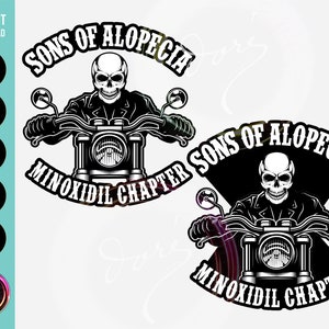Puede incluir: Ilustración en blanco y negro de una calavera conduciendo una motocicleta con el texto "Sons of Alopecia Minoxidil Chapter".