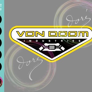 May include: A yellow and white triangular logo with the text "VON DOOM INDUSTRIES" in black letters. The logo has a black and white image of a robot inside the triangle.