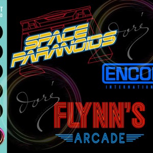 Puede incluir: Una ilustración digital de un juego de arcade retro llamado "Space Paranoids" con el texto "Flynn's Arcade" y el logotipo "Encom International".