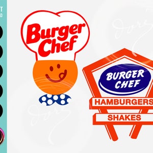 Peut inclure: Un logo rouge et blanc avec le texte "Burger Chef" dans un style rétro. Le logo a la forme d'un chapeau de chef avec un visage souriant. Sous le logo se trouve une enseigne rouge et blanche avec le texte "Burger Chef" dans un cercle bleu, "Hamburgers" et "Shakes".