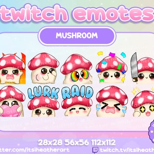 Könnte beinhalten: Ein Set aus neun Twitch-Emojis mit einem niedlichen Cartoon-Pilzcharakter mit verschiedenen Ausdrücken. Die Emojis sind in verschiedenen Größen, darunter 28x28, 56x56 und 112x112 Pixel. Die Emojis beinhalten Ausdrücke wie wütend, überrascht, glücklich und traurig.