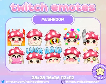 Cute Mushroom Emotes - Mad, Booty, High, Hype, Knife, Love, Lurk, Raid, Cry, Wow - 10 pack - Twitch, YouTube, Discord Emojis
