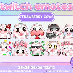 Cute Strawberry Cow Emotes - 10 pack - Twitch, YouTube, Discord Emojis