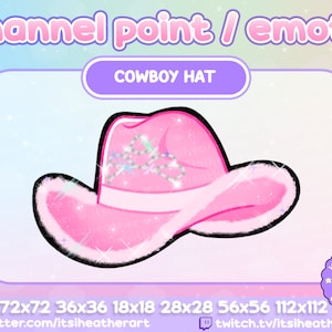 Puede incluir: Un sombrero vaquero rosa con un ala blanca y adornos brillantes. El sombrero está bordeado de negro y tiene un ribete de pelusa blanca. El texto "COWBOY HAT" se muestra en un rectángulo morado sobre el sombrero.