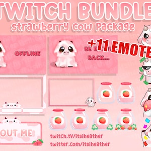 Cute Strawberry Cow Twitch Overlays MEGA GIANT Bundle - 4 Scenes, 1 Overlay, 1 Webcam border, 21 EMOTES, 6 Sub Badges, 25 Panels