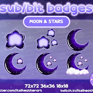 May include: A set of six purple and white Twitch sub and bit badges featuring a crescent moon and stars. The badges are available in three sizes: 72x72, 36x36, and 18x18 pixels.
