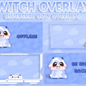 Cute Blueberry Cow Animated Twitch Scenes and Overlay - BRB, Stream Starting, Stream Ending, Just Chatting, Offline, Webcam Border