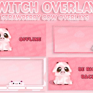 Cute Strawberry Cow Animated Twitch Scenes and Overlay - BRB, Stream Starting, Stream Ending, Just Chatting, Offline, Webcam Border