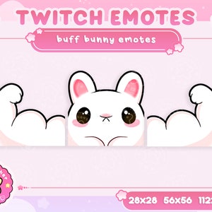 Puede incluir: Un conejo blanco con mejillas rosadas y grandes ojos marrones flexiona sus músculos bíceps. El conejo está rodeado de un fondo rosa con estrellas blancas y una luna creciente. El texto "TWITCH EMOTES" y "buff bunny emotes" se muestra encima del conejo. El texto "28x28 56x56 112x112" se muestra debajo del conejo.
