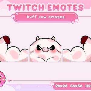 May include: Three Twitch emotes featuring a pink and white cartoon cow with red horns flexing its bicep muscles. The emotes are labelled 28x28, 56x56, and 112x112.