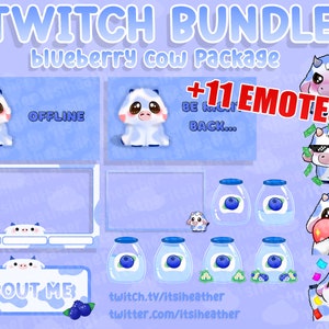 May include: A Twitch bundle featuring a blueberry cow theme. The bundle includes 11 emotes, an offline screen, a panel, an about me panel, and social media links. The emotes feature a cute cartoon cow with different expressions and accessories.