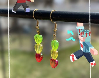 Dangly Heart Earrings - Life Series - Green Yellow Red (Third Last Double Limited Secret Life Hermitcraft)