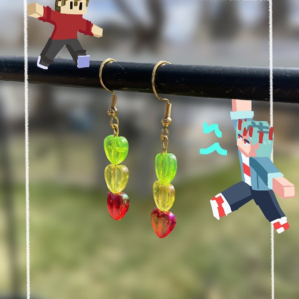 Clipon/Screw-back Dangly Heart Earrings - Life Series - Green Yellow Red (Third Last Double Limited Secret Life Hermitcraft)