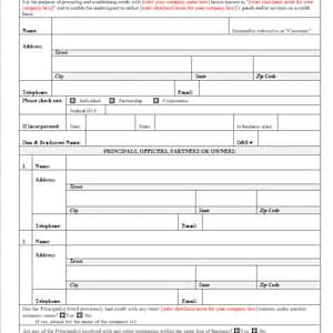 May include: A credit application form with fields for personal and business information, including name, address, phone number, email, and business details. The form is titled "Credit Application" and includes instructions for completing the form.