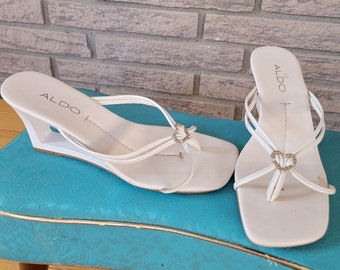 Y2K strappy sandals white wedge heels vintage sandals heeled sandals y2k aesthetic slip on heels thong heeled sandals rhinestone heels