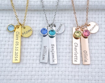 Personalized Custom Name Vertical Bar Necklace For Women Mother Kids Childs Name Date New Mom Wife Sister Birthday Jewelry Mother's Day Gift
