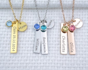 May include: Three gold, silver, and rose gold necklaces with personalized name bars and birthstone charms. The charms include the words "Mom", "Mama", and "Mommy".