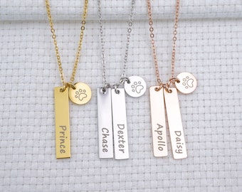 Personalized Custom Pet Paw Bar Dog Cat Name Necklace For Women Pet Loss Memorial Gift Dog Cat Mom Vertical Bar Jewelry Pet Lover Gift