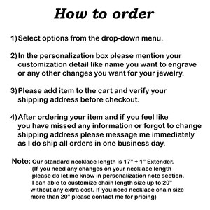 May include: How to order instructions for a jewelry shop. The text explains how to select options, personalize items, and verify shipping information. It also mentions a standard necklace length of 17 inches with a 1-inch extender and the option to customize chain length up to 20 inches.