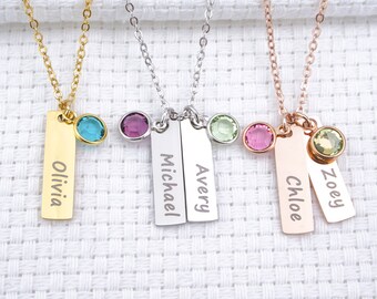 May include: Five personalized bar necklaces with different colored gemstones. The necklaces are gold, silver, and rose gold. The names on the bars are Olivia, Michael, Avery, Chloe, and Zoey.