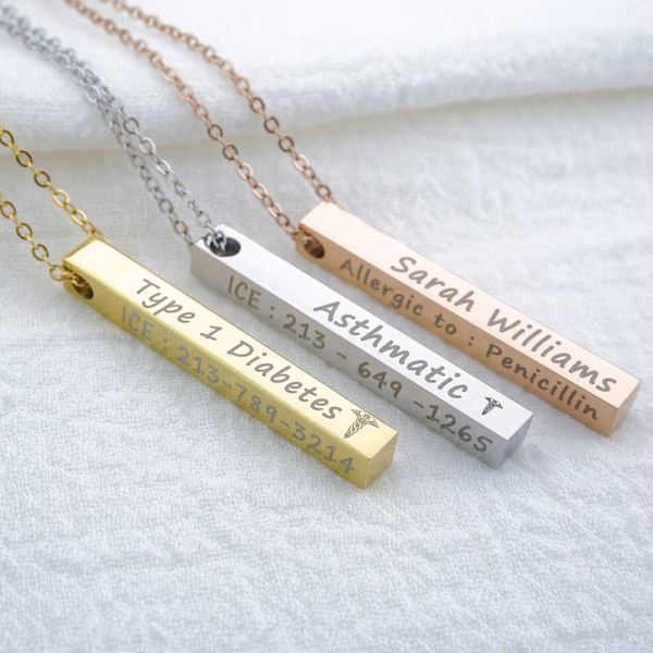 Collar de identificación médica personalizado, barra de alerta de identificación médica, joyería para mujeres, diabéticas, alergias médicas, autismo, regalo