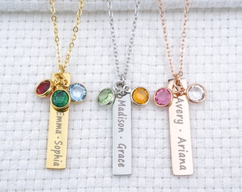 Personalized Custom Mother Children's Kids Name Birthstone Bar Necklace Grandmother Grandchild's Name Jewelry Birthday Mothers Day Gift