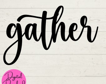 Op de afbeelding: Zwart-wit cursief lettertype ontwerp met het woord "gather" op een witte houten achtergrond.