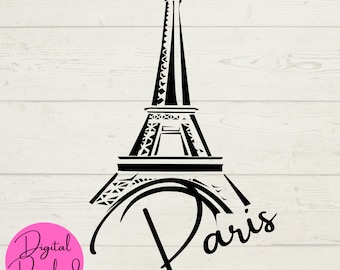 May include: Black and white silhouette of the Eiffel Tower with the word "Paris" written in a stylized font underneath.