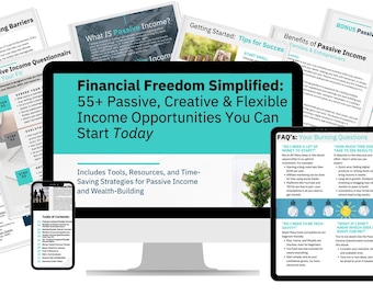 Op de afbeelding: Een computerscherm dat een turquoise en witte afbeelding weergeeft met de tekst "Financial Freedom Simplified: 55+ Passive, Creative & Flexible Income Opportunities You Can Start Today". De afbeelding bevat ook de tekst "Includes Tools, Resources, and Time-Saving Strategies for Passive Income and Wealth-Building".
