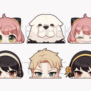 May include: Six cartoon characters peeking over a surface. Two characters have pink hair and cat ears, one has blonde hair, two have black hair and headbands, and one is a white polar bear.