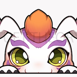 May include: A white and purple cartoon creature with orange hair peeks out from behind a white surface. The creature has large yellow eyes and a friendly expression.