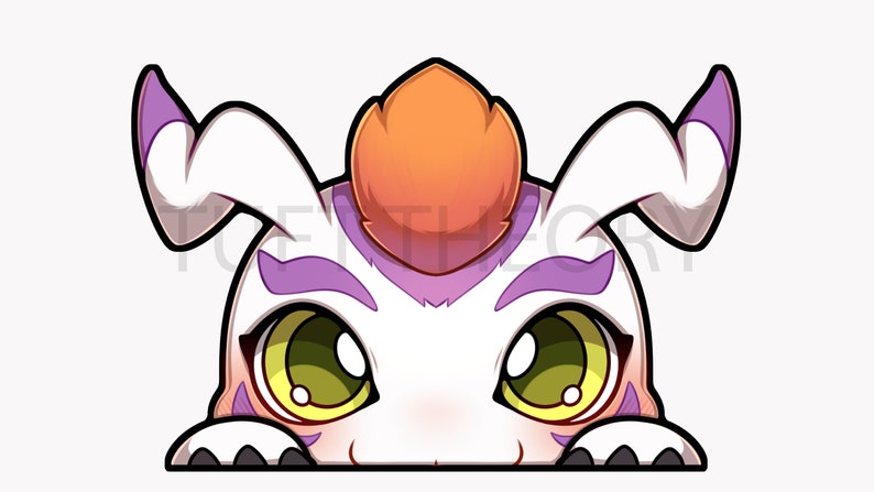 May include: A white and purple cartoon creature with orange hair peeks out from behind a white surface. The creature has large yellow eyes and a friendly expression.
