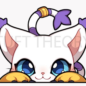May include: A white cartoon cat with purple ears and a tail with a gold band. The cat has blue eyes and is peeking over a surface with its paws showing.